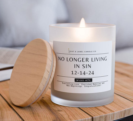 No Longer Living in Sin Candle | Wedding Gift | Personalized Wedding Gift | Anniversary Gift | Wedding Date Gift | 8 oz Frosted Wood Candle